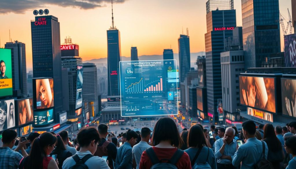 A bustling cityscape at dusk, with towering skyscrapers and neon-lit billboards showcasing the latest social media innovations. In the foreground, a group of diverse individuals engrossed in their smartphones, scrolling through trending feeds and tapping on interactive AR filters. The middle ground features a holographic display projecting real-time analytics and social media metrics, illuminating the rapid evolution of digital communication. In the background, a panoramic view of the city skyline, where cutting-edge tech hubs and coworking spaces are abuzz with the next generation of social media pioneers. Warm lighting casts an optimistic glow, conveying a sense of progress and endless possibilities in the realm of emerging social media technologies. A bustling cityscape at dusk, with towering skyscrapers and neon-lit billboards showcasing the latest social media innovations. In the foreground, a group of diverse individuals engrossed in their smartphones, scrolling through trending feeds and tapping on interactive AR filters. The middle ground features a holographic display projecting real-time analytics and social media metrics, illuminating the rapid evolution of digital communication. In the background, a panoramic view of the city skyline, where cutting-edge tech hubs and coworking spaces are abuzz with the next generation of social media pioneers. Warm lighting casts an optimistic glow, conveying a sense of progress and endless possibilities in the realm of emerging social media technologies.