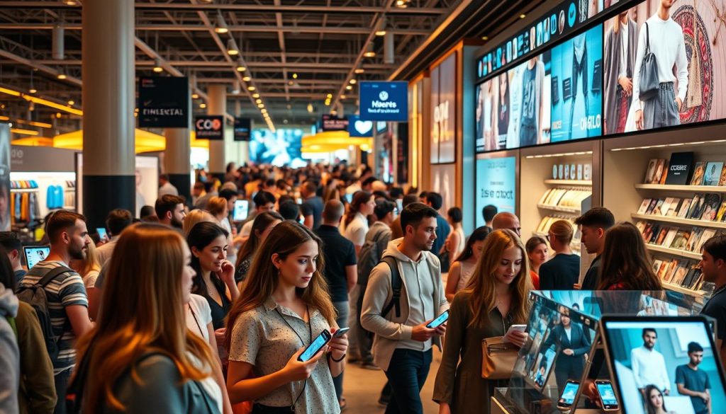 A bustling marketplace, where digital interactions and social connections converge. A vibrant scene of online shoppers, influencers, and brands, all seamlessly integrated in a modern, immersive shopping experience. Warm, natural lighting illuminates the dynamic displays, showcasing the latest products and trends. Intricate user interfaces, sleek mobile devices, and engaging social media elements fill the frame, creating a sense of technological innovation and community. In the background, a lively social media feed scrolls, reflecting the real-time engagement and shared experiences of this digital shopping ecosystem. The overall atmosphere conveys the power of social commerce to transform the way consumers discover, interact with, and purchase products. A bustling marketplace, where digital interactions and social connections converge. A vibrant scene of online shoppers, influencers, and brands, all seamlessly integrated in a modern, immersive shopping experience. Warm, natural lighting illuminates the dynamic displays, showcasing the latest products and trends. Intricate user interfaces, sleek mobile devices, and engaging social media elements fill the frame, creating a sense of technological innovation and community. In the background, a lively social media feed scrolls, reflecting the real-time engagement and shared experiences of this digital shopping ecosystem. The overall atmosphere conveys the power of social commerce to transform the way consumers discover, interact with, and purchase products.