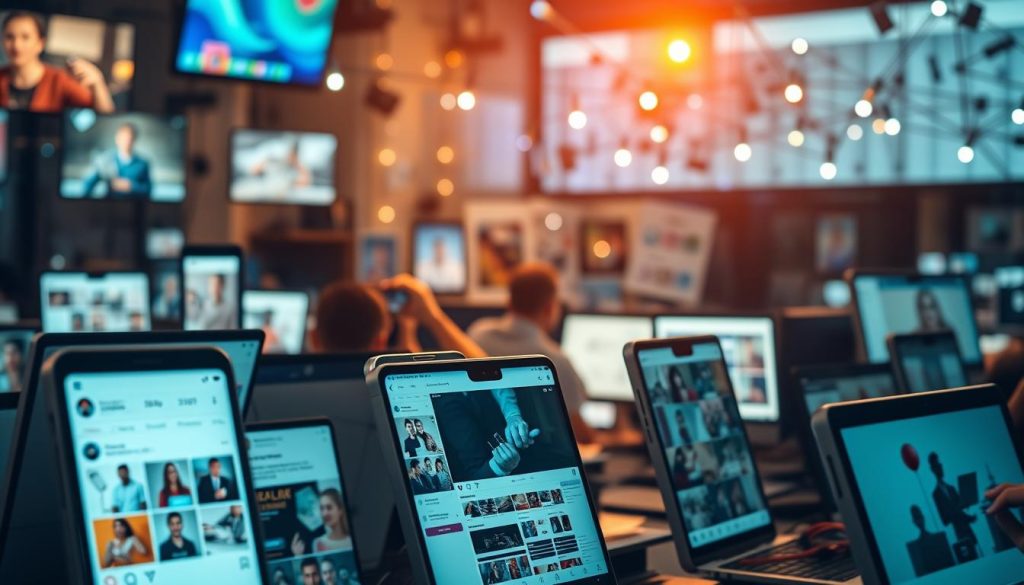 A bustling social media platform, illuminated by the soft glow of screens. In the foreground, a series of carefully curated social media posts showcasing diverse content - informative infographics, visually striking product shots, and engaging behind-the-scenes videos. The midground features a content creator meticulously crafting their next viral post, surrounded by a workspace of digital tools and inspiration boards. In the background, a network of interconnected devices and platforms, symbolizing the interconnected nature of social media marketing. The scene is bathed in a warm, inviting light, conveying a sense of productivity, creativity, and the power of strategic content optimization across various social media channels. A bustling social media platform, illuminated by the soft glow of screens. In the foreground, a series of carefully curated social media posts showcasing diverse content - informative infographics, visually striking product shots, and engaging behind-the-scenes videos. The midground features a content creator meticulously crafting their next viral post, surrounded by a workspace of digital tools and inspiration boards. In the background, a network of interconnected devices and platforms, symbolizing the interconnected nature of social media marketing. The scene is bathed in a warm, inviting light, conveying a sense of productivity, creativity, and the power of strategic content optimization across various social media channels.