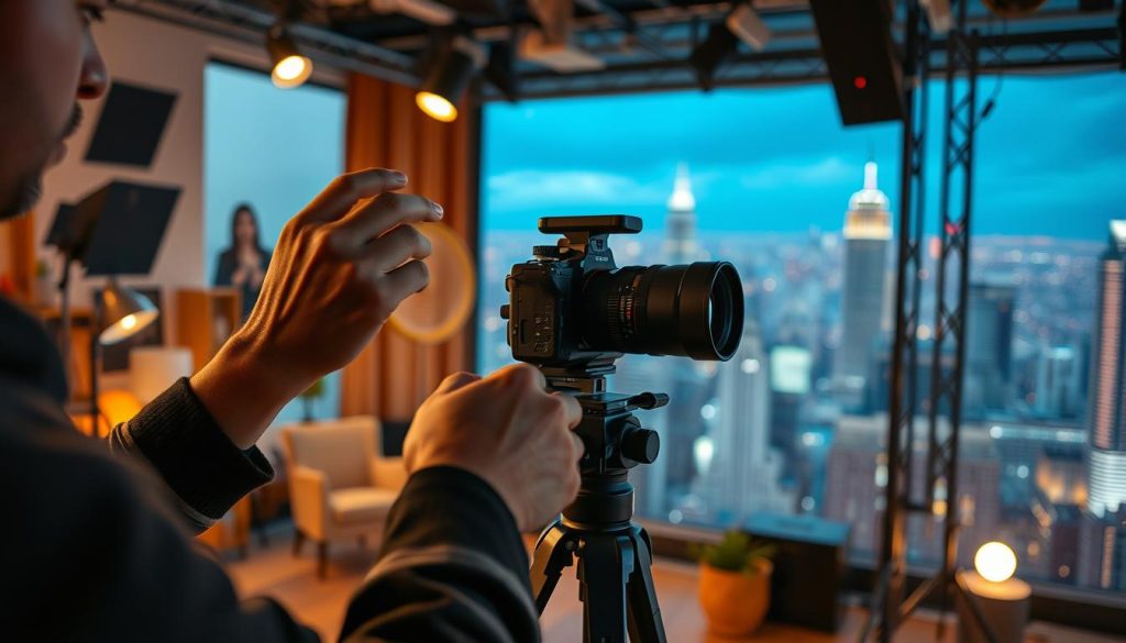 A captivating scene of video storytelling techniques unfolds before us. In the foreground, a filmmaker meticulously composes a shot, their hands deftly maneuvering a camera on a sleek tripod. The middle ground features a cozy studio setting, complete with warm lighting, cinematic backdrops, and a sense of creative energy. In the background, a vibrant cityscape serves as a dynamic canvas, hinting at the global reach of modern video narratives. The overall atmosphere evokes a harmonious blend of technical prowess, artistic vision, and the power of visual storytelling to forge emotional connections. A captivating scene of video storytelling techniques unfolds before us. In the foreground, a filmmaker meticulously composes a shot, their hands deftly maneuvering a camera on a sleek tripod. The middle ground features a cozy studio setting, complete with warm lighting, cinematic backdrops, and a sense of creative energy. In the background, a vibrant cityscape serves as a dynamic canvas, hinting at the global reach of modern video narratives. The overall atmosphere evokes a harmonious blend of technical prowess, artistic vision, and the power of visual storytelling to forge emotional connections.