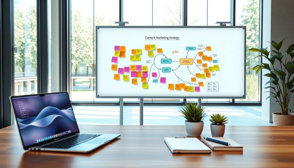 A contemporary digital workspace with a vibrant, minimalist aesthetic. In the foreground, a sleek, wooden desk features an open laptop, a small potted plant, and a notebook with a pen. The middle ground showcases a clean whiteboard displaying a content marketing strategy mind map, filled with colorful sticky notes and diagrams. The background features floor-to-ceiling windows, allowing natural light to flood the space and creating a sense of openness and inspiration. The overall atmosphere is one of focus, productivity, and strategic planning. A contemporary digital workspace with a vibrant, minimalist aesthetic. In the foreground, a sleek, wooden desk features an open laptop, a small potted plant, and a notebook with a pen. The middle ground showcases a clean whiteboard displaying a content marketing strategy mind map, filled with colorful sticky notes and diagrams. The background features floor-to-ceiling windows, allowing natural light to flood the space and creating a sense of openness and inspiration. The overall atmosphere is one of focus, productivity, and strategic planning.
