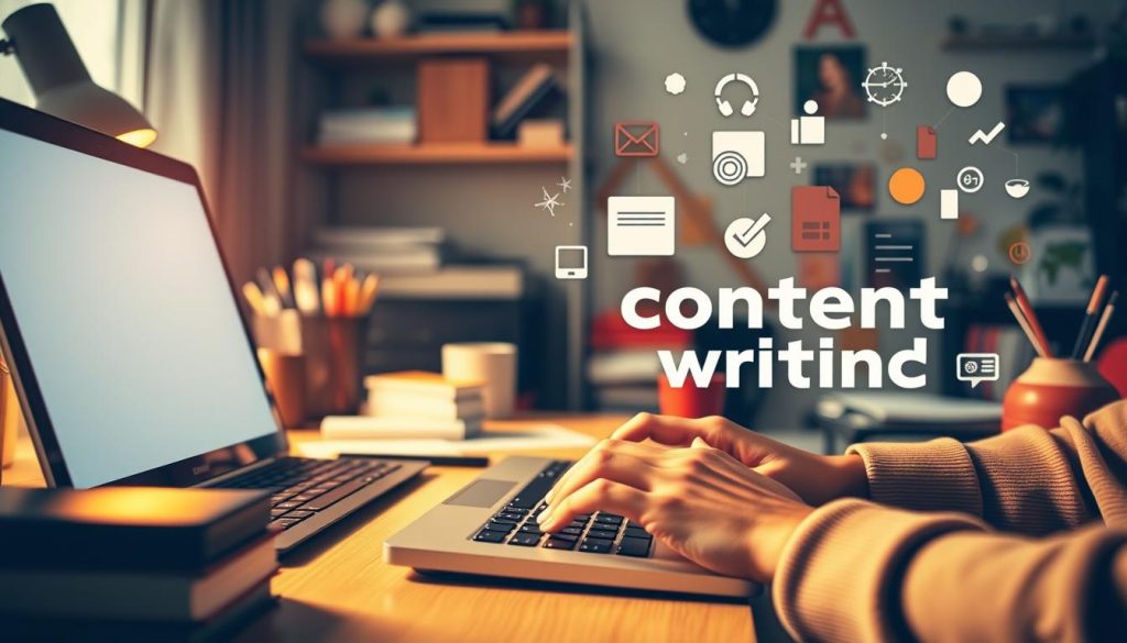 A cozy home office setting with a desk, laptop, and various office supplies. In the foreground, a person's hands are typing on the keyboard, their face not visible. Soft, warm lighting illuminates the scene, creating a productive and focused atmosphere. The background features a stylized graphic or illustration representing the "SEO-friendly content writing" concept, such as icons, charts, or abstract shapes in a complementary color palette. The overall composition conveys the idea of crafting captivating digital content for online platforms. A cozy home office setting with a desk, laptop, and various office supplies. In the foreground, a person's hands are typing on the keyboard, their face not visible. Soft, warm lighting illuminates the scene, creating a productive and focused atmosphere. The background features a stylized graphic or illustration representing the "SEO-friendly content writing" concept, such as icons, charts, or abstract shapes in a complementary color palette. The overall composition conveys the idea of crafting captivating digital content for online platforms.