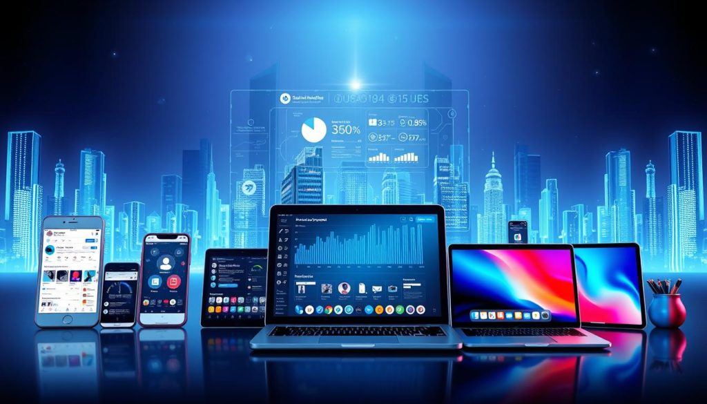 A cutting-edge, visually striking composition showcasing the latest and most innovative social media tools. A vibrant, sleek foreground featuring a range of modern mobile devices, tablets, and laptops, each displaying the intuitive interfaces and dynamic features of today's top social media platforms. The middle ground depicts a holographic, data-driven display with real-time social media analytics and engagement metrics, while the background is a minimalist, futuristic cityscape bathed in a cool, neon-tinged light, conveying a sense of technological progress and digital connectivity. Crisp, high-resolution rendering with a focus on both form and function, capturing the dynamic, ever-evolving nature of the social media landscape. A cutting-edge, visually striking composition showcasing the latest and most innovative social media tools. A vibrant, sleek foreground featuring a range of modern mobile devices, tablets, and laptops, each displaying the intuitive interfaces and dynamic features of today's top social media platforms. The middle ground depicts a holographic, data-driven display with real-time social media analytics and engagement metrics, while the background is a minimalist, futuristic cityscape bathed in a cool, neon-tinged light, conveying a sense of technological progress and digital connectivity. Crisp, high-resolution rendering with a focus on both form and function, capturing the dynamic, ever-evolving nature of the social media landscape.