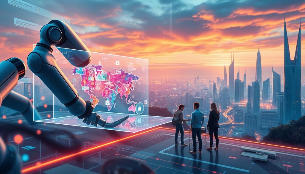 A dynamic and futuristic digital landscape showcases the transformative power of AI in content creation. In the foreground, a sleek robotic arm effortlessly manipulates digital assets, while a holographic display presents a virtual canvas teeming with vibrant, intelligently generated visuals. The middle ground features a team of content creators collaborating seamlessly, their workflow enhanced by advanced AI-powered tools that analyze data, suggest ideas, and optimize content in real-time. In the background, a cityscape of towering, futuristic architecture reflects the rapid evolution of the digital landscape, hinting at the limitless potential of AI-driven content creation. The scene is bathed in a warm, vibrant glow, conveying a sense of innovation, creativity, and boundless possibilities. A dynamic and futuristic digital landscape showcases the transformative power of AI in content creation. In the foreground, a sleek robotic arm effortlessly manipulates digital assets, while a holographic display presents a virtual canvas teeming with vibrant, intelligently generated visuals. The middle ground features a team of content creators collaborating seamlessly, their workflow enhanced by advanced AI-powered tools that analyze data, suggest ideas, and optimize content in real-time. In the background, a cityscape of towering, futuristic architecture reflects the rapid evolution of the digital landscape, hinting at the limitless potential of AI-driven content creation. The scene is bathed in a warm, vibrant glow, conveying a sense of innovation, creativity, and boundless possibilities.