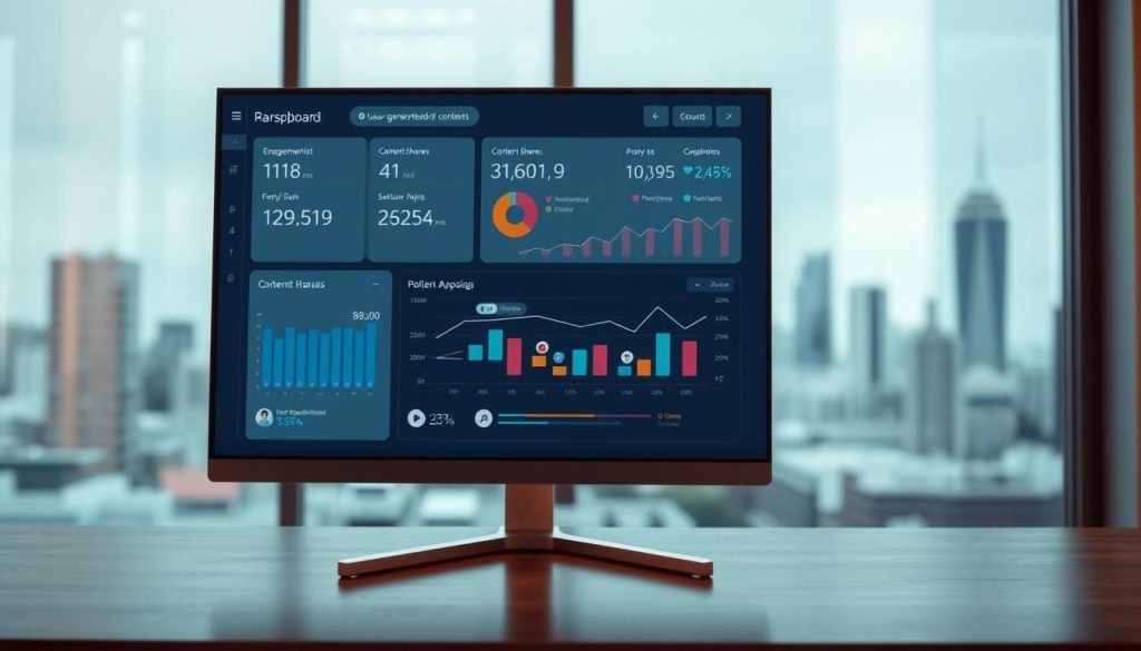 A dynamic dashboard displayed on a sleek, modern computer monitor. The foreground showcases various user-generated content performance metrics, including engagement rates, content shares, and sentiment analysis. In the middle ground, stylized social media platform icons and user avatars represent the authentic, community-driven nature of the campaign. The background features a blurred, minimalist city skyline, suggesting the global reach and scale of the successful user-generated content initiative. The lighting is crisp and clean, with a subtle warm tone that creates a sense of professionalism and success. The overall composition conveys a data-driven, yet visually appealing representation of the power of user-generated content in modern social media marketing. A dynamic dashboard displayed on a sleek, modern computer monitor. The foreground showcases various user-generated content performance metrics, including engagement rates, content shares, and sentiment analysis. In the middle ground, stylized social media platform icons and user avatars represent the authentic, community-driven nature of the campaign. The background features a blurred, minimalist city skyline, suggesting the global reach and scale of the successful user-generated content initiative. The lighting is crisp and clean, with a subtle warm tone that creates a sense of professionalism and success. The overall composition conveys a data-driven, yet visually appealing representation of the power of user-generated content in modern social media marketing.
