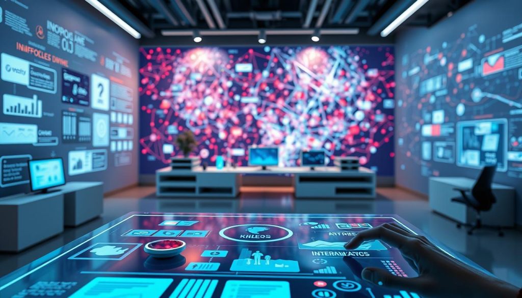 A futuristic and interactive digital display showcasing various forms of engaging content. The foreground features a holographic touchscreen interface with intuitive controls, allowing users to navigate through interactive infographics, videos, and 3D product visualizations. The middle ground depicts a clean, minimalist workspace with sleek, high-tech devices and a subtle color palette of blues and grays. The background is filled with a vibrant, abstract data visualization, resembling a vast network of interconnected information. The lighting is a combination of soft, ambient illumination and strategic spotlights, creating a sense of depth and highlighting the interactive elements. The overall atmosphere conveys a sense of technological innovation, seamless user experience, and immersive digital engagement. A futuristic and interactive digital display showcasing various forms of engaging content. The foreground features a holographic touchscreen interface with intuitive controls, allowing users to navigate through interactive infographics, videos, and 3D product visualizations. The middle ground depicts a clean, minimalist workspace with sleek, high-tech devices and a subtle color palette of blues and grays. The background is filled with a vibrant, abstract data visualization, resembling a vast network of interconnected information. The lighting is a combination of soft, ambient illumination and strategic spotlights, creating a sense of depth and highlighting the interactive elements. The overall atmosphere conveys a sense of technological innovation, seamless user experience, and immersive digital engagement.