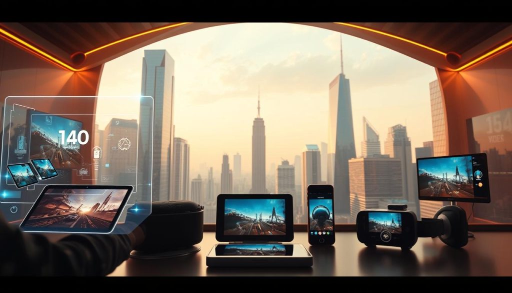A futuristic, cinematic scene showcasing the evolution of video streaming. In the foreground, a sleek, holographic interface with seamless user interactions and crystal-clear video playback. In the middle ground, a diverse array of digital devices - tablets, smartphones, and next-gen AR headsets - all connected and streaming content in perfect synchrony. The background depicts a cityscape of towering skyscrapers, their facades adorned with large, ultra-high-definition displays broadcasting the latest streaming trends. Warm, diffused lighting casts an ethereal glow, capturing the sense of innovation and technological progress shaping the future of digital media. A futuristic, cinematic scene showcasing the evolution of video streaming. In the foreground, a sleek, holographic interface with seamless user interactions and crystal-clear video playback. In the middle ground, a diverse array of digital devices - tablets, smartphones, and next-gen AR headsets - all connected and streaming content in perfect synchrony. The background depicts a cityscape of towering skyscrapers, their facades adorned with large, ultra-high-definition displays broadcasting the latest streaming trends. Warm, diffused lighting casts an ethereal glow, capturing the sense of innovation and technological progress shaping the future of digital media.