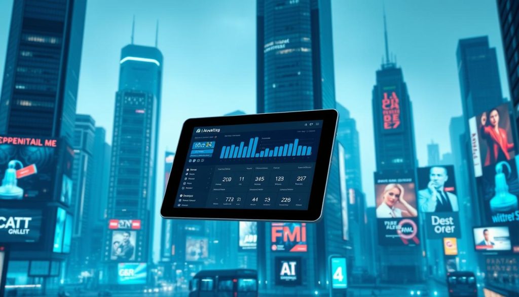 A futuristic digital cityscape with towering skyscrapers and holographic displays showcasing dynamic advertisements. In the foreground, a sleek tablet-like device hovers, its screen displaying an AI-powered analytics dashboard with real-time data and insights. The middle ground features various digital billboards and interactive kiosks, all seamlessly integrated with the AI system. The background is bathed in a cool, blue-hued lighting, creating a sense of technological sophistication. The entire scene conveys the seamless integration of AI technology within the modern digital advertising landscape. A futuristic digital cityscape with towering skyscrapers and holographic displays showcasing dynamic advertisements. In the foreground, a sleek tablet-like device hovers, its screen displaying an AI-powered analytics dashboard with real-time data and insights. The middle ground features various digital billboards and interactive kiosks, all seamlessly integrated with the AI system. The background is bathed in a cool, blue-hued lighting, creating a sense of technological sophistication. The entire scene conveys the seamless integration of AI technology within the modern digital advertising landscape.