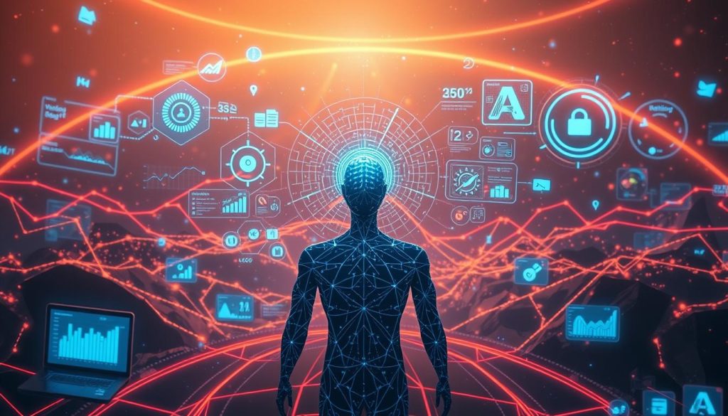 A futuristic digital landscape with a central figure representing AI, surrounded by data visualizations, digital marketing icons, and interactive digital displays. The scene is bathed in a warm, ethereal glow, creating a sense of harmony between technology and creativity. The camera angle is slightly elevated, providing an expansive, bird's-eye view of the scene. The overall impression is one of AI-powered digital marketing optimization, seamlessly integrating data, content, and campaign elements to drive success. A futuristic digital landscape with a central figure representing AI, surrounded by data visualizations, digital marketing icons, and interactive digital displays. The scene is bathed in a warm, ethereal glow, creating a sense of harmony between technology and creativity. The camera angle is slightly elevated, providing an expansive, bird's-eye view of the scene. The overall impression is one of AI-powered digital marketing optimization, seamlessly integrating data, content, and campaign elements to drive success.