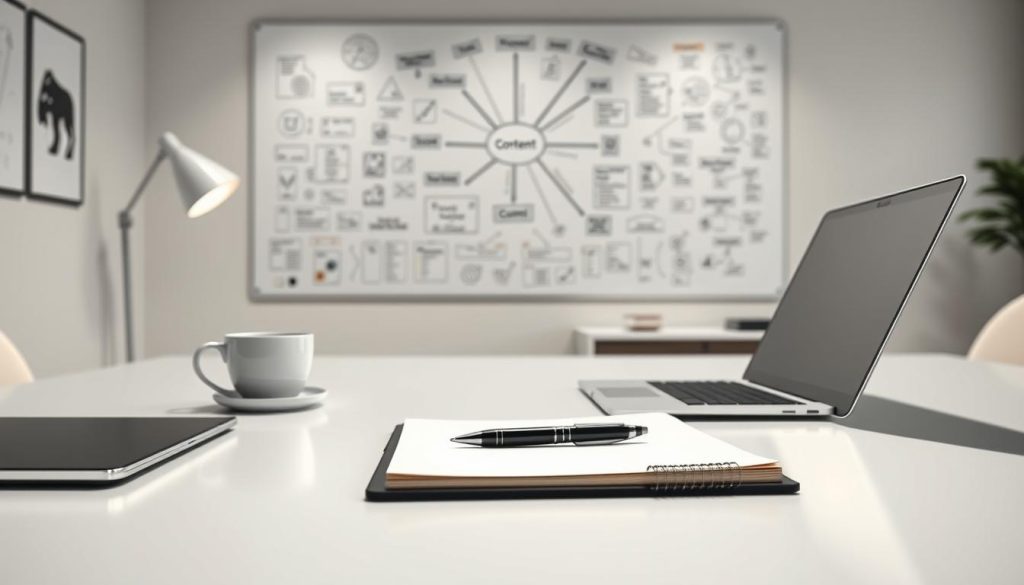 A minimalist office setting with a sleek desk, a laptop, and a cup of coffee. In the foreground, a notepad and pen symbolize the act of planning and strategizing. The background features a large whiteboard or corkboard filled with mind maps, sticky notes, and visual aids, representing the thought process behind a content strategy. Soft, directional lighting illuminates the scene, creating a focused and productive atmosphere. The overall composition conveys a sense of organization, clarity, and the intersection of creativity and analysis in the content strategy development process. A minimalist office setting with a sleek desk, a laptop, and a cup of coffee. In the foreground, a notepad and pen symbolize the act of planning and strategizing. The background features a large whiteboard or corkboard filled with mind maps, sticky notes, and visual aids, representing the thought process behind a content strategy. Soft, directional lighting illuminates the scene, creating a focused and productive atmosphere. The overall composition conveys a sense of organization, clarity, and the intersection of creativity and analysis in the content strategy development process.