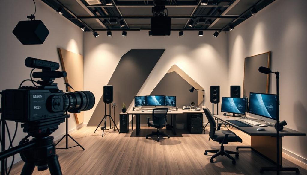 A modern, minimalist multimedia production studio with a mixture of state-of-the-art equipment and artistic visual elements. In the foreground, a camera, microphone, and lighting setup create a professional recording environment. In the middle ground, sleek editing stations with high-resolution displays showcase the digital production workflow. The background features abstract geometric shapes, soft lighting, and a muted color palette, conveying a sense of creativity and technical expertise. The overall mood is one of innovation, efficiency, and visual appeal, capturing the essence of professional media production services. A modern, minimalist multimedia production studio with a mixture of state-of-the-art equipment and artistic visual elements. In the foreground, a camera, microphone, and lighting setup create a professional recording environment. In the middle ground, sleek editing stations with high-resolution displays showcase the digital production workflow. The background features abstract geometric shapes, soft lighting, and a muted color palette, conveying a sense of creativity and technical expertise. The overall mood is one of innovation, efficiency, and visual appeal, capturing the essence of professional media production services.