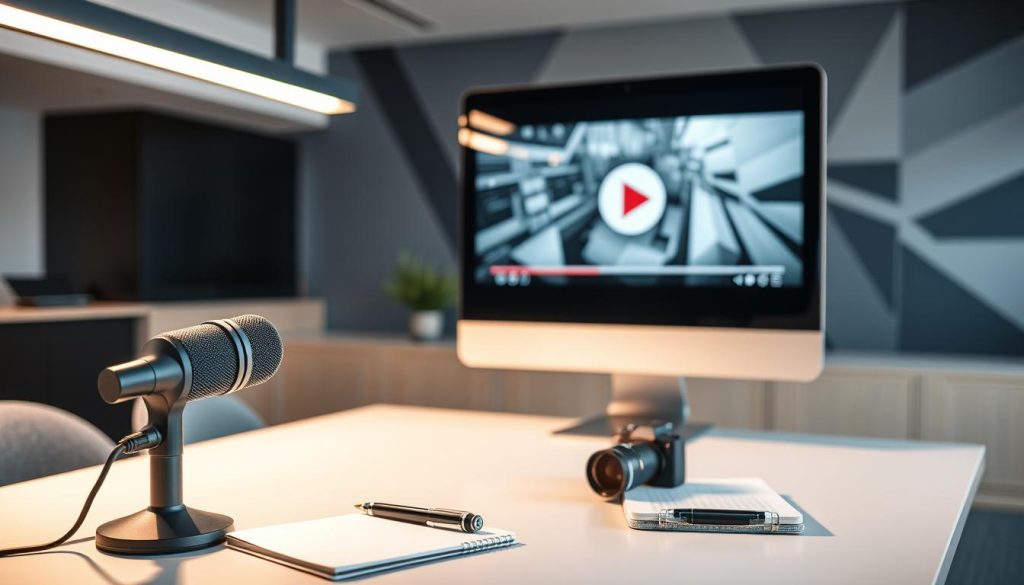 A modern office setting, with a large, sleek computer monitor displaying a video player interface. In the foreground, a stylish desk with a professional-looking microphone, a compact camera, and a notepad with a pen. Overhead lighting casts a warm, focused glow, creating a productive atmosphere. In the background, a minimalist, geometric wall mural in shades of blue and gray, hinting at the digital and technological nature of video marketing. The overall composition conveys a sense of creativity, strategy, and the intersection of video content and effective marketing. A modern office setting, with a large, sleek computer monitor displaying a video player interface. In the foreground, a stylish desk with a professional-looking microphone, a compact camera, and a notepad with a pen. Overhead lighting casts a warm, focused glow, creating a productive atmosphere. In the background, a minimalist, geometric wall mural in shades of blue and gray, hinting at the digital and technological nature of video marketing. The overall composition conveys a sense of creativity, strategy, and the intersection of video content and effective marketing.