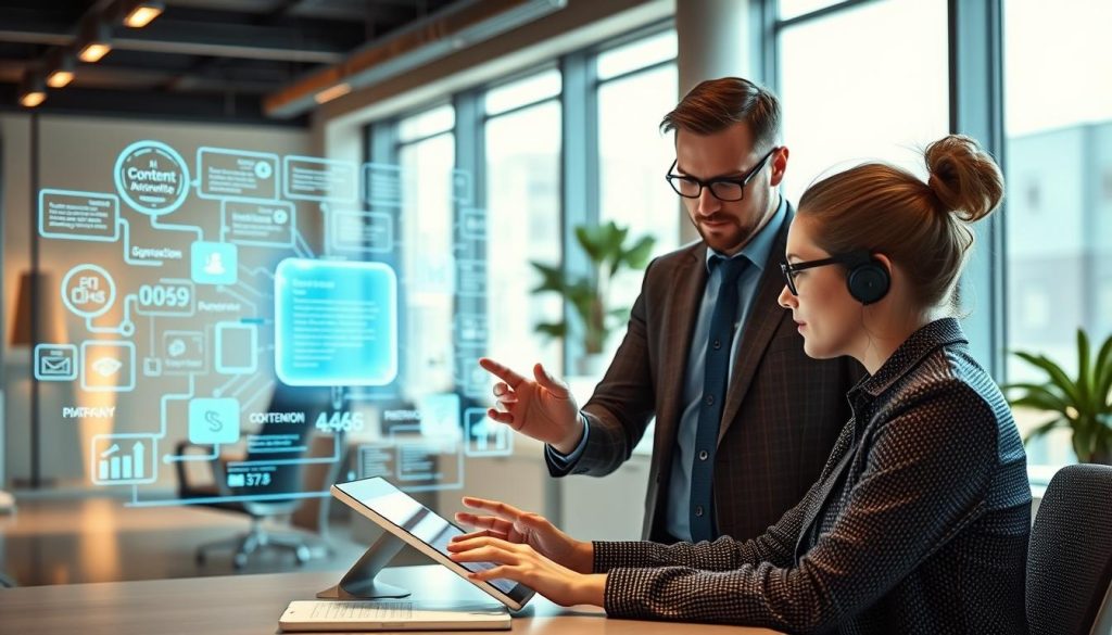 A modern, sleek office setting with an AI-powered content creation workflow. In the foreground, a writer collaborates with an AI assistant, their hands moving fluidly over a touchscreen display as they brainstorm ideas. In the middle ground, content is seamlessly generated, optimized, and published across multiple digital platforms. The background features futuristic holographic interfaces and data visualizations, reflecting the intelligent automation of the content creation process. Bright, natural lighting filters in through large windows, creating a sense of openness and innovation. The overall mood is one of efficiency, creativity, and technological prowess. A modern, sleek office setting with an AI-powered content creation workflow. In the foreground, a writer collaborates with an AI assistant, their hands moving fluidly over a touchscreen display as they brainstorm ideas. In the middle ground, content is seamlessly generated, optimized, and published across multiple digital platforms. The background features futuristic holographic interfaces and data visualizations, reflecting the intelligent automation of the content creation process. Bright, natural lighting filters in through large windows, creating a sense of openness and innovation. The overall mood is one of efficiency, creativity, and technological prowess.