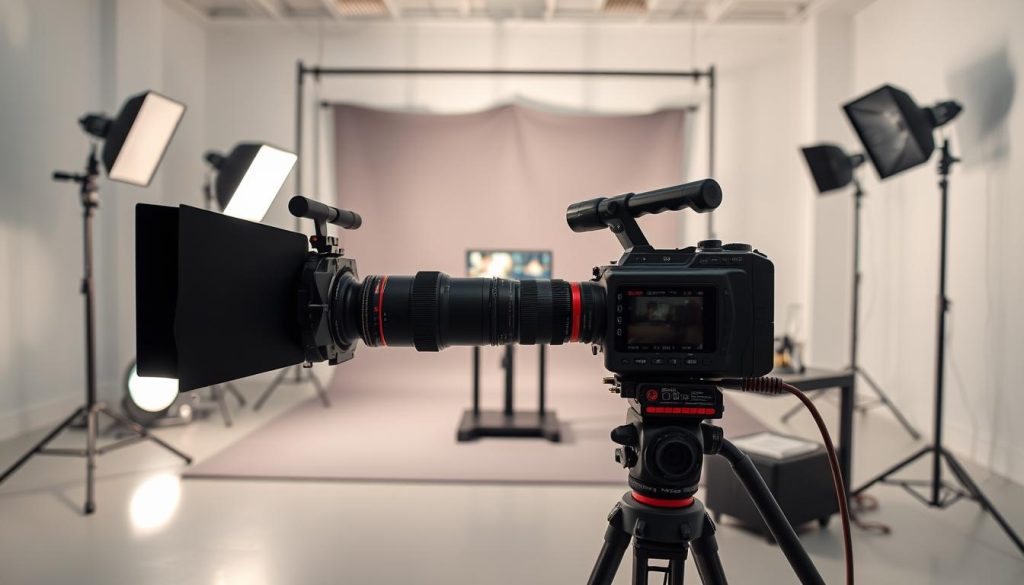 A professional film studio setup with high-end video production equipment arranged in a well-lit, spacious environment. In the foreground, a sleek, modern camera with a high-quality lens sits on a sturdy tripod, ready to capture stunning footage. Behind it, a softbox lighting setup illuminates the scene, creating a warm, cinematic ambiance. In the middle ground, a compact yet powerful video editing workstation with multiple monitors and various control interfaces allows for precise post-production. In the background, a backdrop of gray seamless paper provides a clean, neutral setting, complemented by additional lighting fixtures to ensure even, shadowless illumination. The overall atmosphere conveys a sense of professionalism, attention to detail, and a dedication to creating captivating video content. A professional film studio setup with high-end video production equipment arranged in a well-lit, spacious environment. In the foreground, a sleek, modern camera with a high-quality lens sits on a sturdy tripod, ready to capture stunning footage. Behind it, a softbox lighting setup illuminates the scene, creating a warm, cinematic ambiance. In the middle ground, a compact yet powerful video editing workstation with multiple monitors and various control interfaces allows for precise post-production. In the background, a backdrop of gray seamless paper provides a clean, neutral setting, complemented by additional lighting fixtures to ensure even, shadowless illumination. The overall atmosphere conveys a sense of professionalism, attention to detail, and a dedication to creating captivating video content.