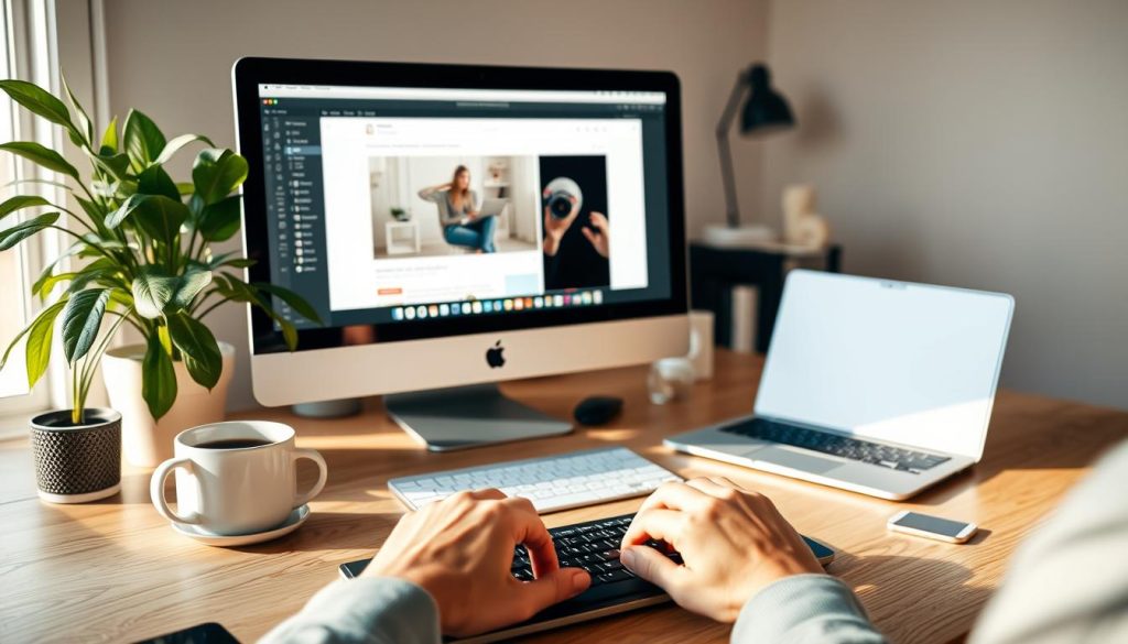 A serene workspace with a sleek desktop computer, a minimalist laptop, and a mug of steaming coffee. Soft, natural lighting illuminates the scene, casting a warm glow on the wooden surfaces. In the foreground, a person's hands are poised over a keyboard, the focus on the creative process of blog writing. Surrounding the workspace, a verdant indoor plant and a few carefully selected decor pieces create a calming, inspirational atmosphere. The overall mood is one of focused productivity and artistic expression. A serene workspace with a sleek desktop computer, a minimalist laptop, and a mug of steaming coffee. Soft, natural lighting illuminates the scene, casting a warm glow on the wooden surfaces. In the foreground, a person's hands are poised over a keyboard, the focus on the creative process of blog writing. Surrounding the workspace, a verdant indoor plant and a few carefully selected decor pieces create a calming, inspirational atmosphere. The overall mood is one of focused productivity and artistic expression.