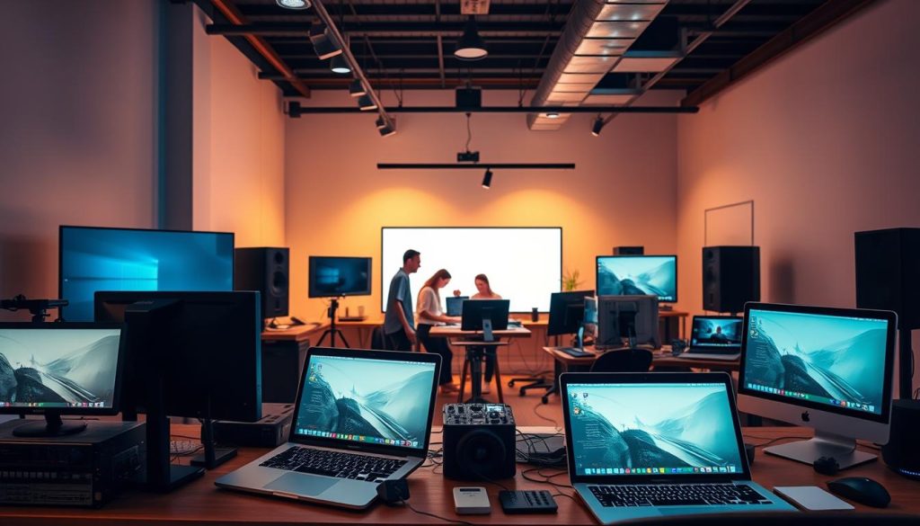 A sleek, modern digital media workspace bathed in warm, soft lighting. In the foreground, an array of multimedia devices - sleek laptops, high-definition monitors, and professional-grade audio equipment. In the middle ground, a team of creatives collaborating seamlessly, their faces illuminated by the glow of their screens. In the background, a minimalist, yet sophisticated setting with clean lines, neutral tones, and subtle industrial accents, conveying a sense of technological sophistication. The overall atmosphere is one of focused productivity, creative energy, and a forward-thinking approach to content distribution and promotion. A sleek, modern digital media workspace bathed in warm, soft lighting. In the foreground, an array of multimedia devices - sleek laptops, high-definition monitors, and professional-grade audio equipment. In the middle ground, a team of creatives collaborating seamlessly, their faces illuminated by the glow of their screens. In the background, a minimalist, yet sophisticated setting with clean lines, neutral tones, and subtle industrial accents, conveying a sense of technological sophistication. The overall atmosphere is one of focused productivity, creative energy, and a forward-thinking approach to content distribution and promotion.