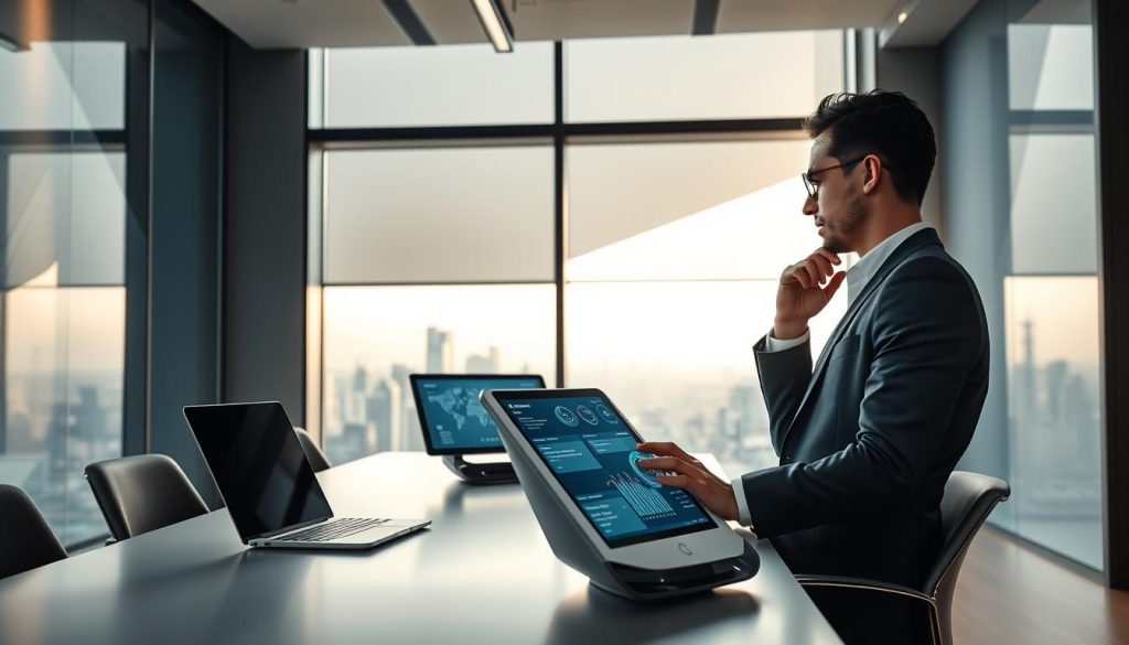 A sleek, modern office interior with a large window overlooking a cityscape. In the foreground, a stylish desk with a laptop, tablet, and futuristic-looking device displaying data visualizations and AI-generated insights. A person, dressed in business attire, interacts with the devices, deep in thought. Soft, directional lighting illuminates the scene, creating a sense of focus and productivity. The background features abstract, geometric patterns on the walls, hinting at the technological advancements powering the marketing strategy. An atmosphere of innovation and data-driven decision-making permeates the image. A sleek, modern office interior with a large window overlooking a cityscape. In the foreground, a stylish desk with a laptop, tablet, and futuristic-looking device displaying data visualizations and AI-generated insights. A person, dressed in business attire, interacts with the devices, deep in thought. Soft, directional lighting illuminates the scene, creating a sense of focus and productivity. The background features abstract, geometric patterns on the walls, hinting at the technological advancements powering the marketing strategy. An atmosphere of innovation and data-driven decision-making permeates the image.