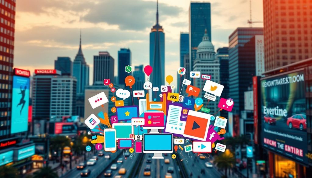A vibrant and dynamic cityscape, with skyscrapers and bustling streets in the background, serves as the backdrop for a central focus on the latest content marketing trends. In the foreground, a collage of colorful digital devices, social media platforms, and content creation tools are artfully arranged, conveying the ever-evolving nature of the industry. The scene is illuminated by a warm, golden light, creating a sense of optimism and progress. The overall composition is balanced and visually appealing, capturing the essence of the "Blogging and Content Marketing Trends for 2023 and Beyond" topic. A vibrant and dynamic cityscape, with skyscrapers and bustling streets in the background, serves as the backdrop for a central focus on the latest content marketing trends. In the foreground, a collage of colorful digital devices, social media platforms, and content creation tools are artfully arranged, conveying the ever-evolving nature of the industry. The scene is illuminated by a warm, golden light, creating a sense of optimism and progress. The overall composition is balanced and visually appealing, capturing the essence of the "Blogging and Content Marketing Trends for 2023 and Beyond" topic.