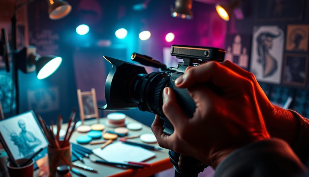 A vibrant, cinematic scene depicting the art of visual storytelling. In the foreground, a filmmaker's hands deftly manipulate a vintage camera, capturing the essence of a captivating narrative. The middle ground features a dynamic array of creative tools - brushes, pencils, and a sketchpad, hinting at the ideation process. In the background, a dimly lit studio space with moody lighting and a backdrop of textures and patterns, creating a sense of depth and atmosphere. The overall mood is one of immersive creativity, where technical mastery and imaginative vision converge to elevate the visual experience. A vibrant, cinematic scene depicting the art of visual storytelling. In the foreground, a filmmaker's hands deftly manipulate a vintage camera, capturing the essence of a captivating narrative. The middle ground features a dynamic array of creative tools - brushes, pencils, and a sketchpad, hinting at the ideation process. In the background, a dimly lit studio space with moody lighting and a backdrop of textures and patterns, creating a sense of depth and atmosphere. The overall mood is one of immersive creativity, where technical mastery and imaginative vision converge to elevate the visual experience.