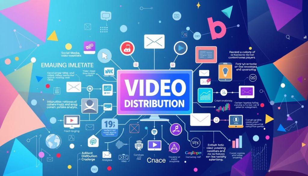 A vibrant, colorful infographic depicting various video distribution strategies. In the foreground, a central display showcases different platforms and channels for video content, such as social media, video-sharing sites, email newsletters, and embedded website players. The middle ground features a variety of icons and graphics representing the key elements of a successful video distribution plan, like audience targeting, content optimization, cross-promotion, and analytics. In the background, a dynamic array of geometric shapes, gradients, and subtle textures create a modern, tech-inspired atmosphere. The overall composition conveys a sense of interconnectedness, versatility, and the multi-faceted nature of effective video distribution strategies. A vibrant, colorful infographic depicting various video distribution strategies. In the foreground, a central display showcases different platforms and channels for video content, such as social media, video-sharing sites, email newsletters, and embedded website players. The middle ground features a variety of icons and graphics representing the key elements of a successful video distribution plan, like audience targeting, content optimization, cross-promotion, and analytics. In the background, a dynamic array of geometric shapes, gradients, and subtle textures create a modern, tech-inspired atmosphere. The overall composition conveys a sense of interconnectedness, versatility, and the multi-faceted nature of effective video distribution strategies.