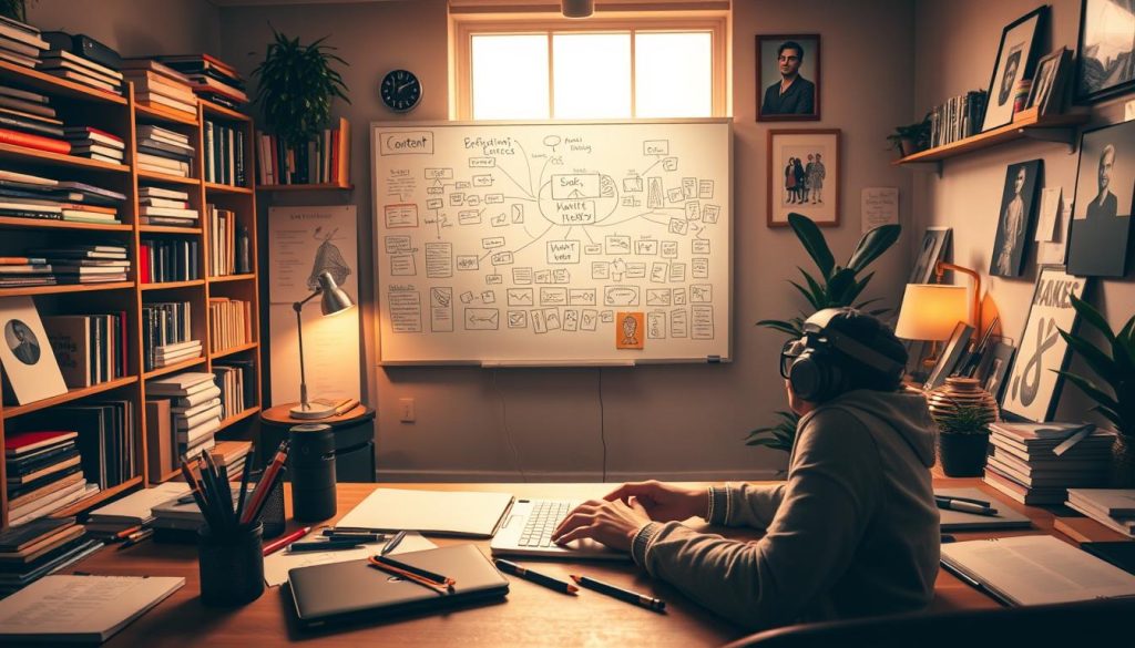 A vibrant, dynamic scene of the content creation process. In the foreground, a person sitting at a desk, hands typing away at a laptop, surrounded by an array of creative tools - pens, sketchpads, a camera. The middle ground features a whiteboard covered in mind maps, ideas, and sketches, illuminated by soft, warm lighting. In the background, shelves brimming with reference books, inspirational artwork, and a cozy window overlooking a cityscape. The atmosphere exudes a balance of focused productivity and creative energy, inviting the viewer to imagine themselves immersed in the process of crafting engaging content. A vibrant, dynamic scene of the content creation process. In the foreground, a person sitting at a desk, hands typing away at a laptop, surrounded by an array of creative tools - pens, sketchpads, a camera. The middle ground features a whiteboard covered in mind maps, ideas, and sketches, illuminated by soft, warm lighting. In the background, shelves brimming with reference books, inspirational artwork, and a cozy window overlooking a cityscape. The atmosphere exudes a balance of focused productivity and creative energy, inviting the viewer to imagine themselves immersed in the process of crafting engaging content.