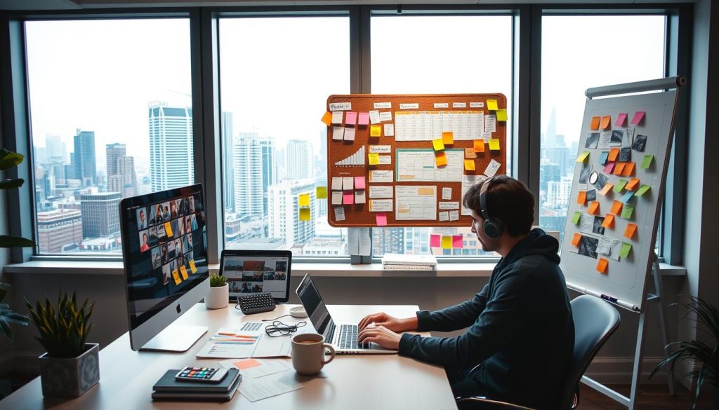 A well-lit, modern office workspace with a desktop computer, a stylish whiteboard, and an array of colorful sticky notes. In the foreground, a person sitting at the desk intently planning social media content on their laptop, surrounded by inspirational images, analytics data, and a mug of coffee. In the middle ground, a corkboard filled with schedules, calendars, and campaign ideas. The background features large windows overlooking a bustling city skyline, creating a sense of focus and productivity. The overall scene conveys a thoughtful, strategic approach to social media content planning for business growth. A well-lit, modern office workspace with a desktop computer, a stylish whiteboard, and an array of colorful sticky notes. In the foreground, a person sitting at the desk intently planning social media content on their laptop, surrounded by inspirational images, analytics data, and a mug of coffee. In the middle ground, a corkboard filled with schedules, calendars, and campaign ideas. The background features large windows overlooking a bustling city skyline, creating a sense of focus and productivity. The overall scene conveys a thoughtful, strategic approach to social media content planning for business growth.