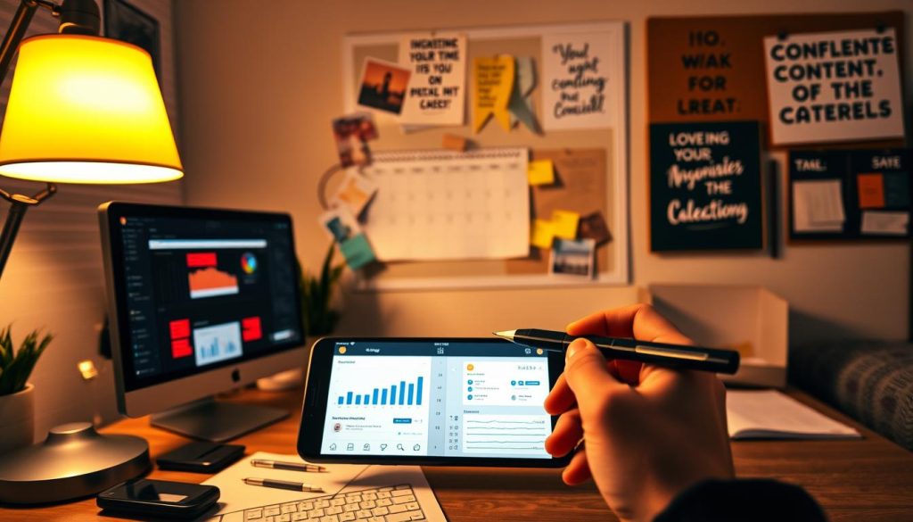 Overcoming Common Social Media Content Challenges: A well-planned, visually engaging scene depicting a workspace with a desktop computer, calendar, sticky notes, and a smartphone displaying social media analytics. Warm lighting from a desk lamp illuminates the scene, creating a focused and productive atmosphere. In the foreground, a person's hand holds a pen, suggesting the act of strategizing and content planning. The middle ground features a mood board with cutouts, diagrams, and a laptop, showcasing the collaborative nature of the task. In the background, a wall-mounted calendar and inspirational quotes provide context for the social media content planning process. Overcoming Common Social Media Content Challenges: A well-planned, visually engaging scene depicting a workspace with a desktop computer, calendar, sticky notes, and a smartphone displaying social media analytics. Warm lighting from a desk lamp illuminates the scene, creating a focused and productive atmosphere. In the foreground, a person's hand holds a pen, suggesting the act of strategizing and content planning. The middle ground features a mood board with cutouts, diagrams, and a laptop, showcasing the collaborative nature of the task. In the background, a wall-mounted calendar and inspirational quotes provide context for the social media content planning process.