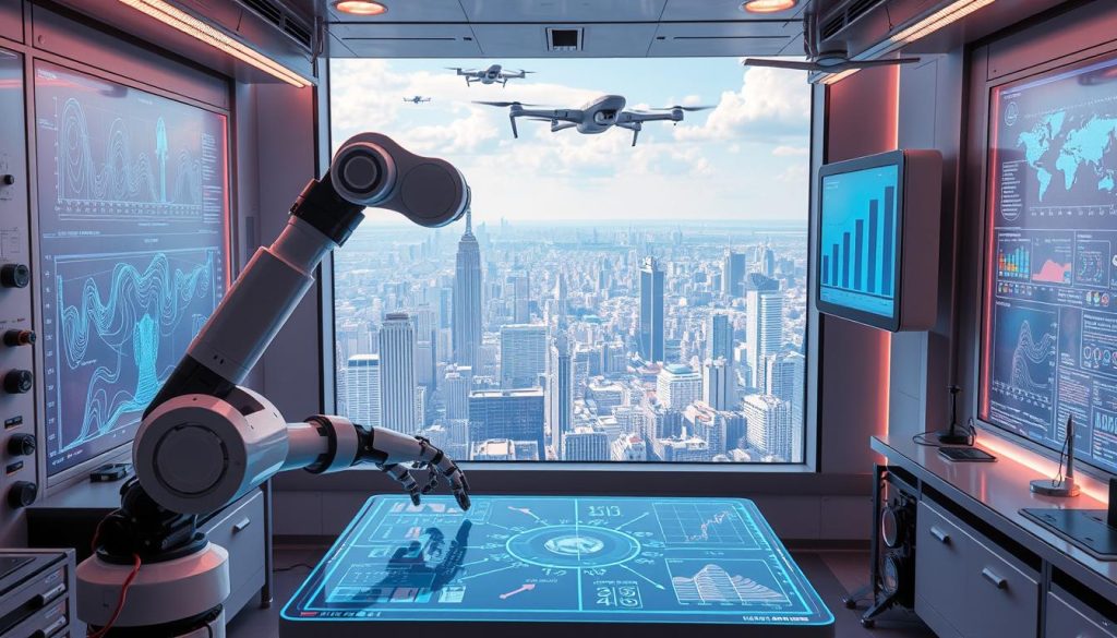 Prompt A futuristic laboratory setting with advanced AI equipment and data visualization displays. In the foreground, a robotic arm manipulates digital content on a holographic interface. The middle ground features an array of neural network diagrams and algorithm visualizations, projected onto the walls. The background showcases a panoramic view of a sprawling, high-tech cityscape with gleaming skyscrapers and hovering aerial drones. The overall scene conveys a sense of innovation, automation, and the seamless integration of AI into the creative process. Prompt A futuristic laboratory setting with advanced AI equipment and data visualization displays. In the foreground, a robotic arm manipulates digital content on a holographic interface. The middle ground features an array of neural network diagrams and algorithm visualizations, projected onto the walls. The background showcases a panoramic view of a sprawling, high-tech cityscape with gleaming skyscrapers and hovering aerial drones. The overall scene conveys a sense of innovation, automation, and the seamless integration of AI into the creative process.